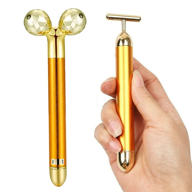Skin rejuvenation slimming Facial massager device metal face roller T shaped 24k gold beauty bar