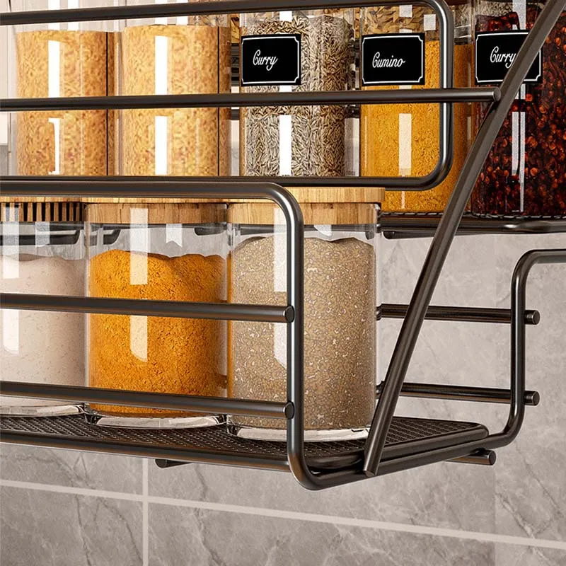 Metal Pull Down Spice Rack Retractable Large Capacity Kitchen Storage Shelf Organizer for Cabinet