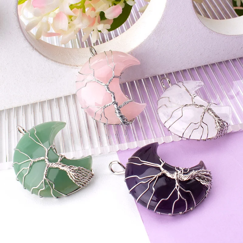 Wholesale Customization Spiritual Jewelry Women Natural Stone Gold Symbol Colourful Orgone Energy Healing Moon Necklace Pendant