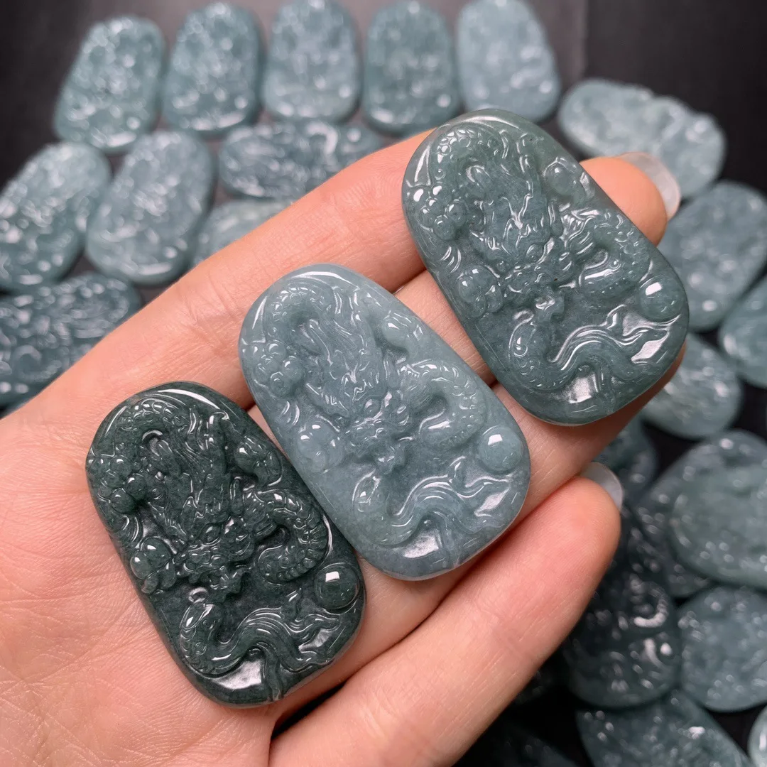 38mm Jade Dragon Pendant Natural Myanmar Blue Bruma Jade Dragon Jadeite Jewelry Making Pendant Chinese Classical