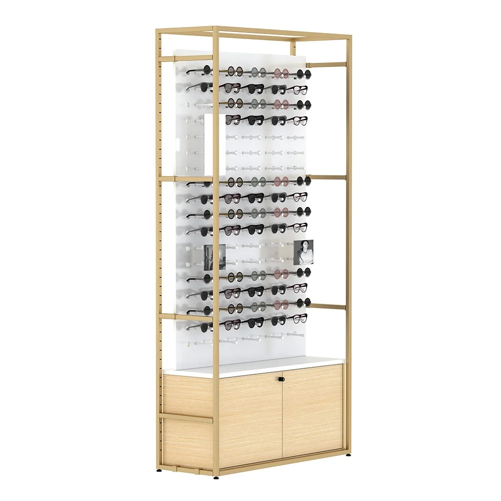 Brand sunglasses optical frame lock design wood floor stand custom wall mounted eyeglasses display cabinet