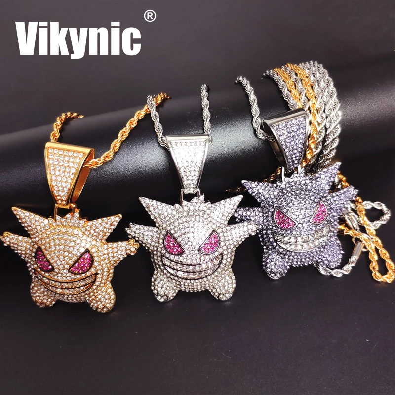Hip Hop Gold Plated Gengar Pendant Necklace Diamond Cuban Link Chain Necklace Bling Cubic Zirconia Iced Out Cuban Link Chain