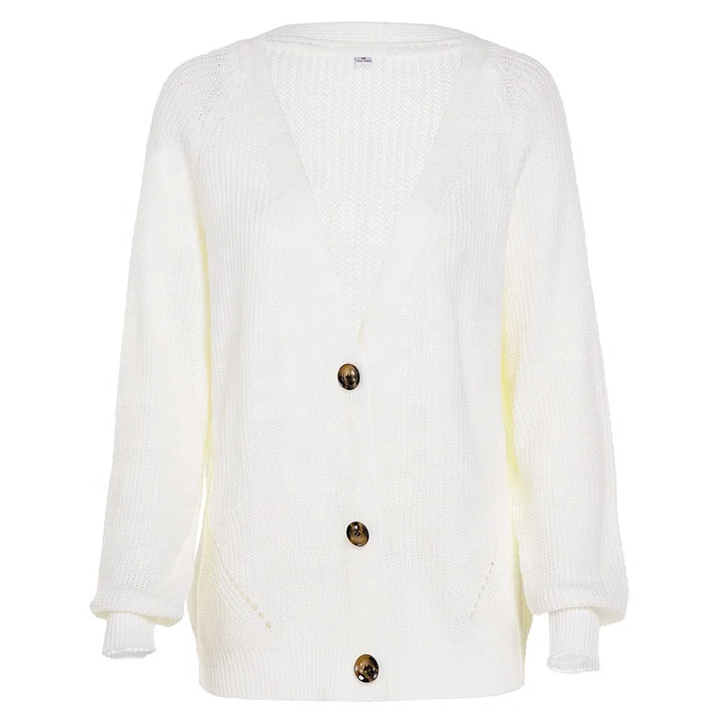 Fashion lantern sleeve V neck cardigan sweater with button fall casual solid custom cardigan women