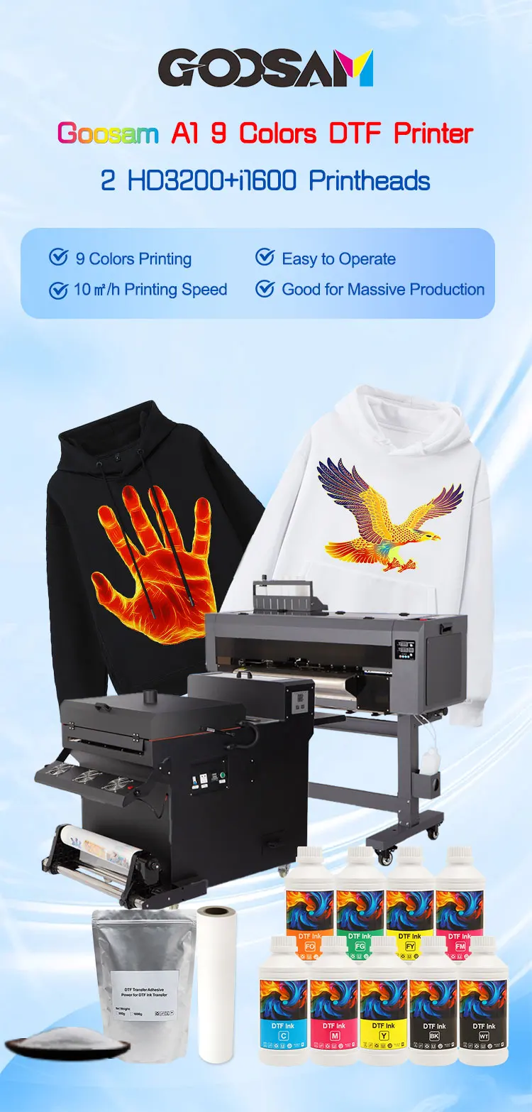 High Resolution A1 Automatic Digital DTF Printer Machine 9 Colors Small Business T-Shirt Printing Rollers Commercial Pigment Ink