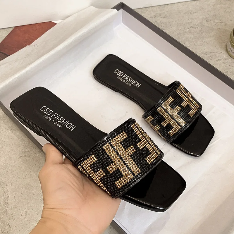 top ranking products 2024 home casual flip flop Ladies summer slippers wear rhinestone square slipper