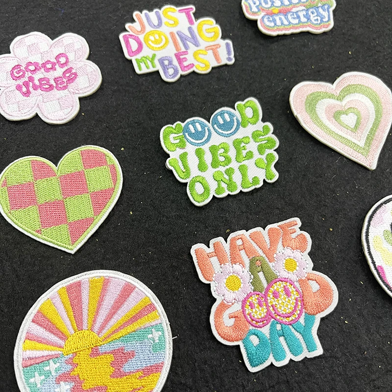 Iron On Smile Face Embroidery Cartoon Spring Brilliant Color Positive Energy Good Viber Flower Heart Patch For Hat Cloth Bag