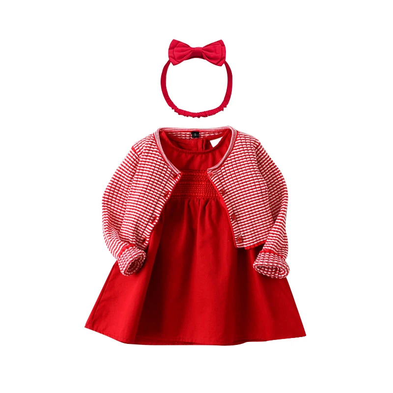 
Wholesale high quality red knitted sweater cardigan pure cotton dress headband 3 piece set baby skirt set 