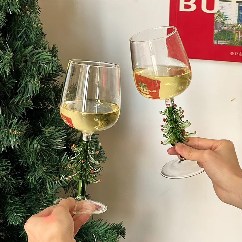 Custom Handblown Heat Resistant Antique Colorful Borosilicate Glass Wine Cups Christmas Tree Wine Glasses Red Wine Goblet Glass