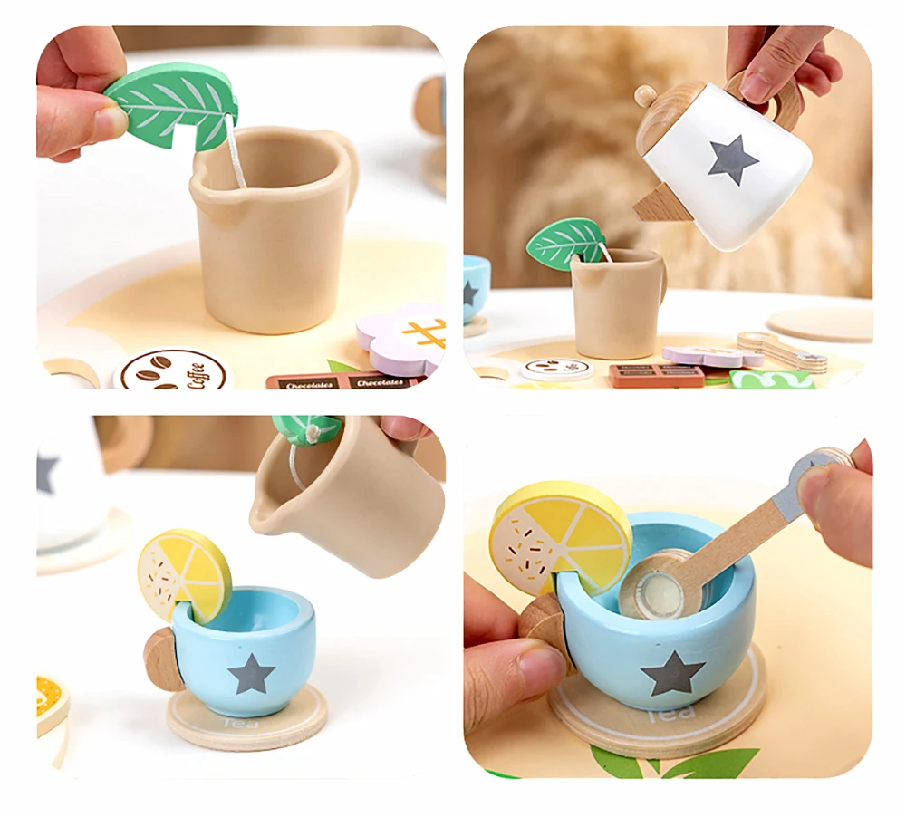 Wooden Tea Set for Little Girls Pretend Play Toy Kitchen Accessories Set for Kids Montessori Tea Time Party Food Toys