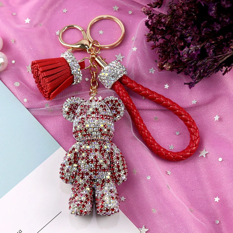 High quality luxury diamond  leather tassel bear key chain bag charm pendant cartoon crystal car keychain