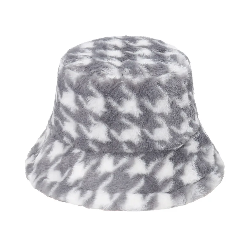 2021 autumn and winter fisherman hat plush warm houndstooth rabbit fur men and women bucket hat