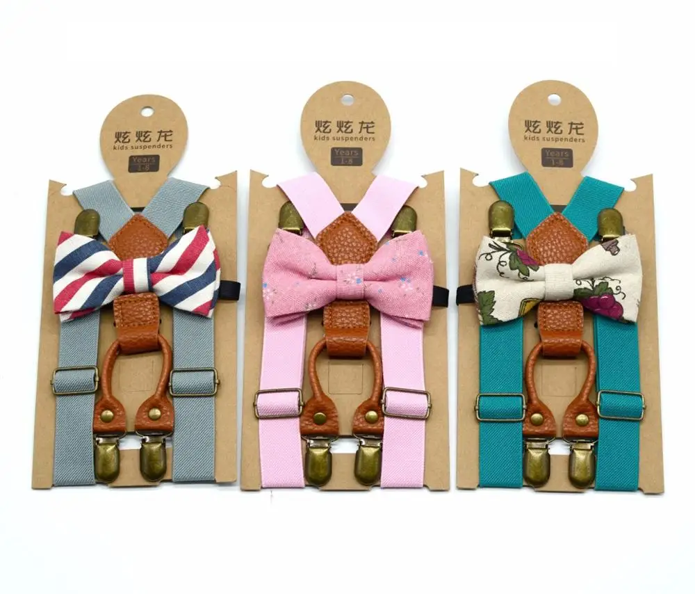 Хит продаж, детский модный однотонный ремень с 4 зажимами + галстук-бабочка, подтяжки для маленьких мальчиков и девочек