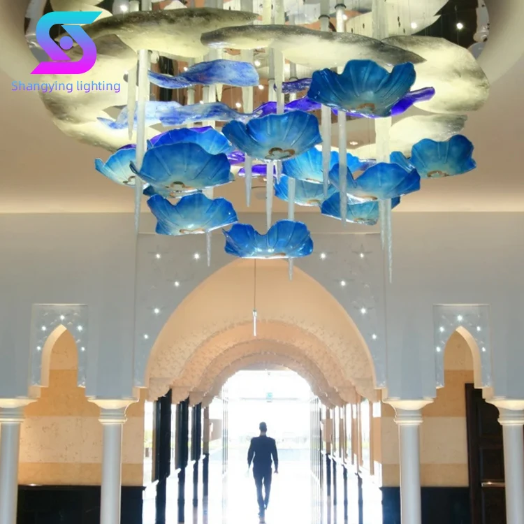 customized interior decoration modern large luxury hotel lobby hand blown murano glass chandelier pendant lights