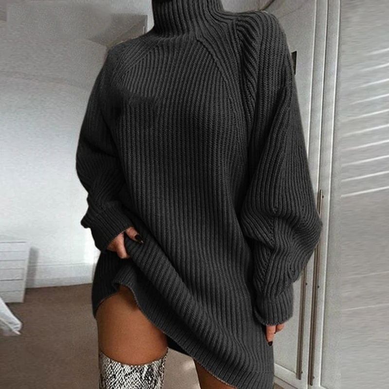 
Knitting Turtleneck Sweater Dress Women Fashion 2019 Autumn Winter Solid Long Sleeve Dresses Basic Slim Female Clothing 