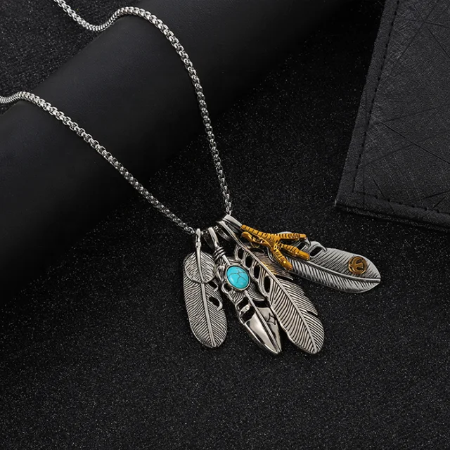  Vintage Style Antique Silver Feather Gemstone Pendant Womens/Mens Turquoise Inlaid on Alloy Rope Necklace