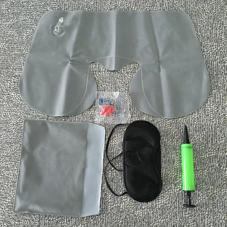 5 in 1 portable inflatable travel kit with neck pillow, eye mask, earplug, slipper, pvc bag
