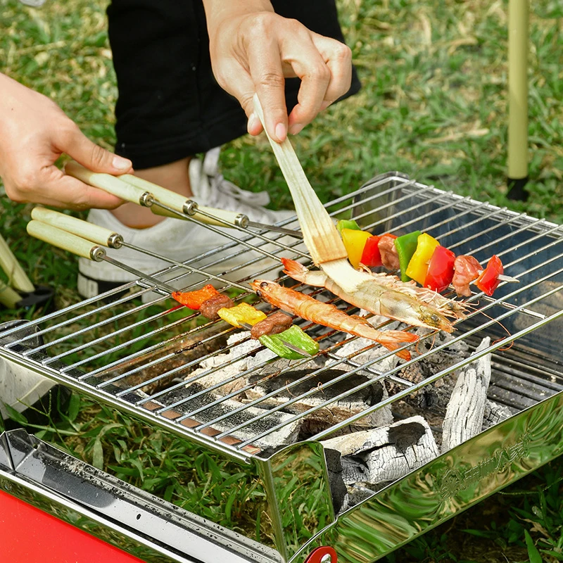 OEM Manufacturer Stainless Steel 304 Needles Wooden Handle Grilling Kebab Skewers Barbecue Roasting Sticks Wood Bbq Tools