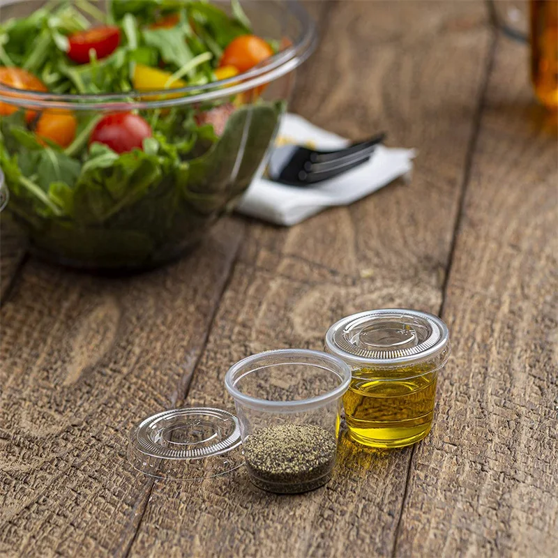 China Factory Wholesale Disposable Plastic Food Container Tableware PET Clear Sauce Cup PP with Lid 0.75oz 1oz 2oz 3.25oz 4oz