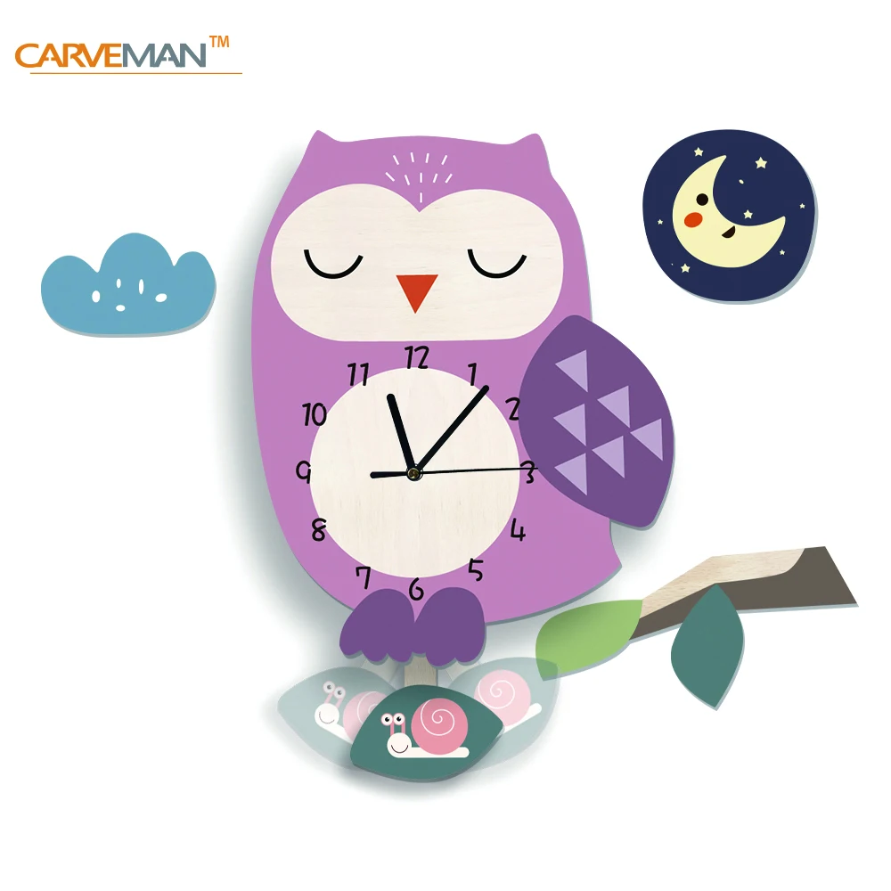 Funlife UWC016 Pink Owl Cartoon Cute Minimalist Wall Art Decoration Kids Room Wall Clock