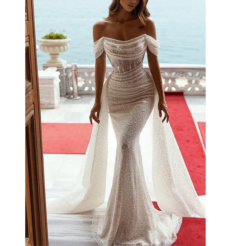Gorgeous Unique Off the Shoulder Sparkly Mermaid Wedding Dress bridal gown with Detachable Train