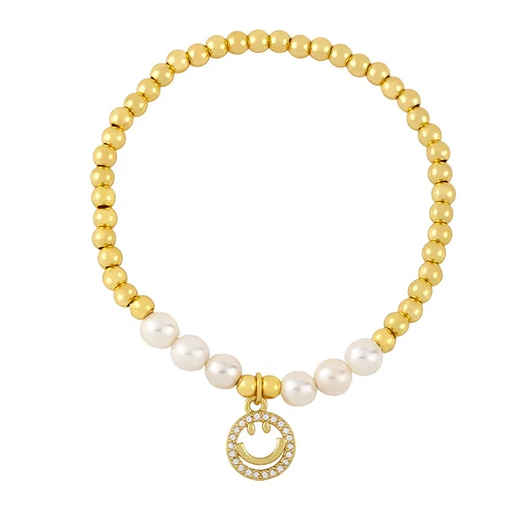 Popular Brass Micro Pave CZ Bear Smile Face Freshwater Pearl Bracelet For Ladies