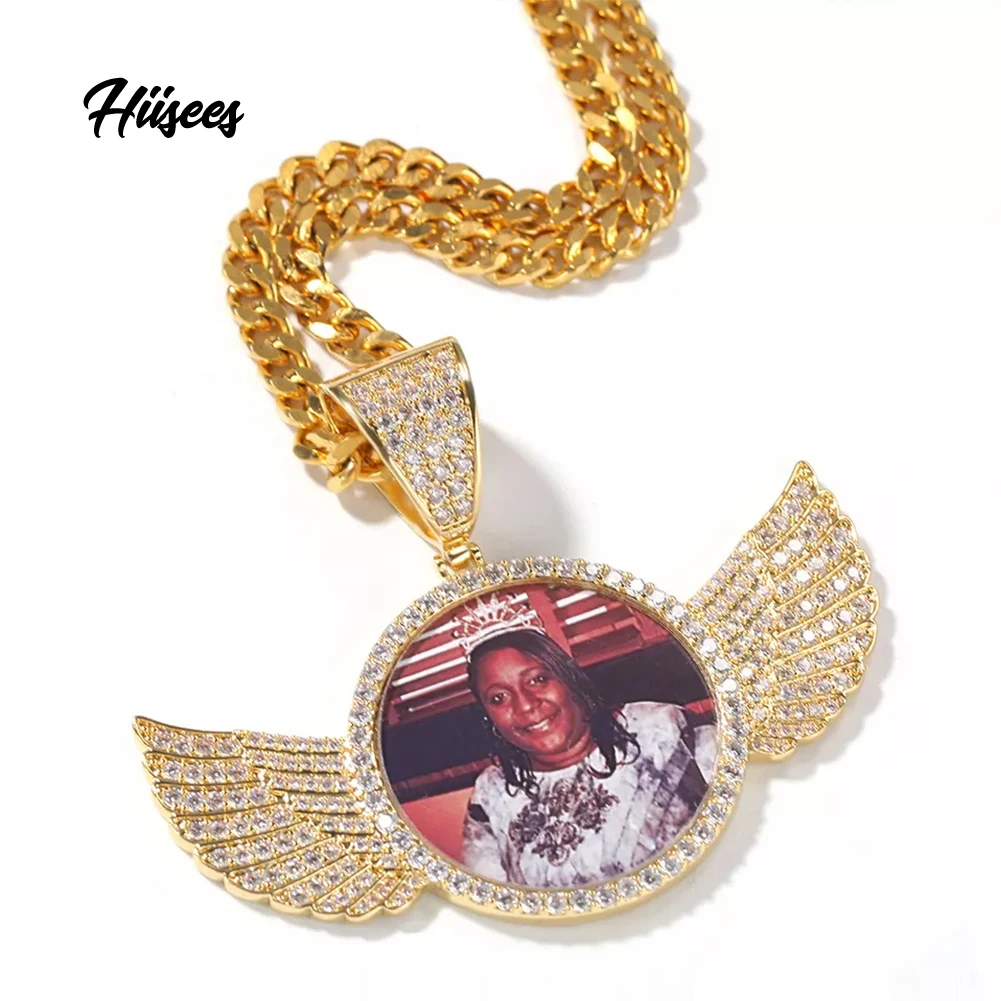 High quality gold plated wings full cz picture pendant jewelry personalized necklace with rope chain