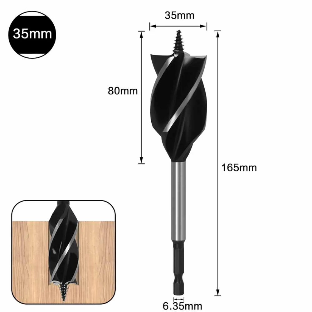 35mm Woodworking Twist Drill Bit Set Long Four-Slot 6.35mm Shank Carbide Drill Bit Hole Saw