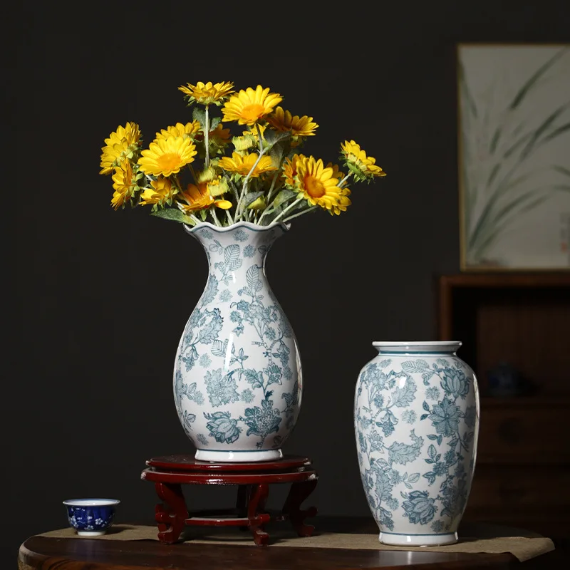 Blue and White Porcelain Flower Vase Ornament Transparent Ceramic Living Room Decorations Stone Type