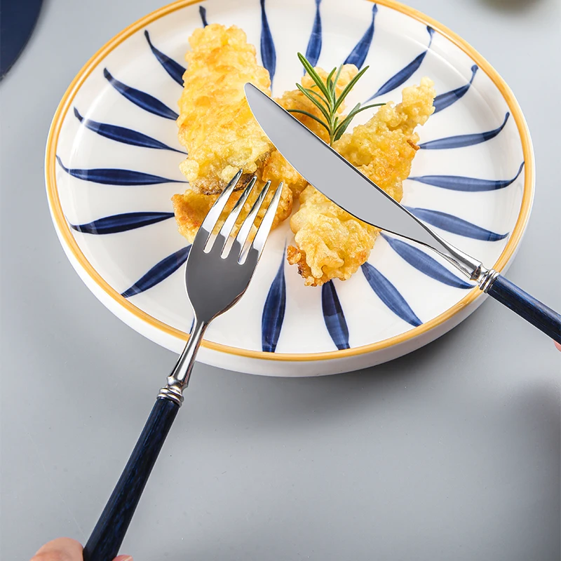 High Quality Flatware Stainless Steel Home Cutlery Camping Fork Spoon Knife Set With Blue Wooden Handle