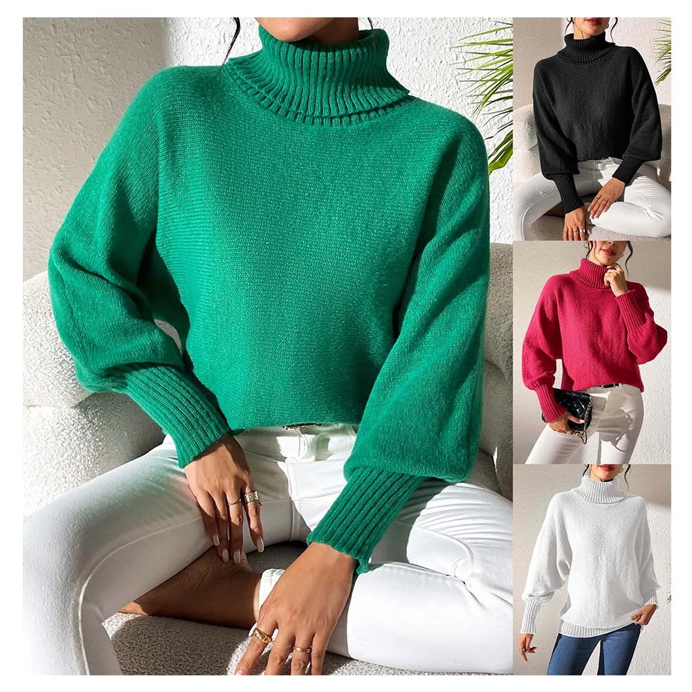 2024Factory Custom Autumn Winter Warm Knitted women clothes Oversized Long Sleeve knit top loose Turtleneck Women Sweater Ladies