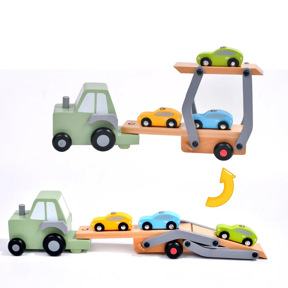 Mini Trailer Transporter Car Carrier Wooden Truck Toy For Children Play with 3 Color Cars Early Learning Push Vehicle Transport