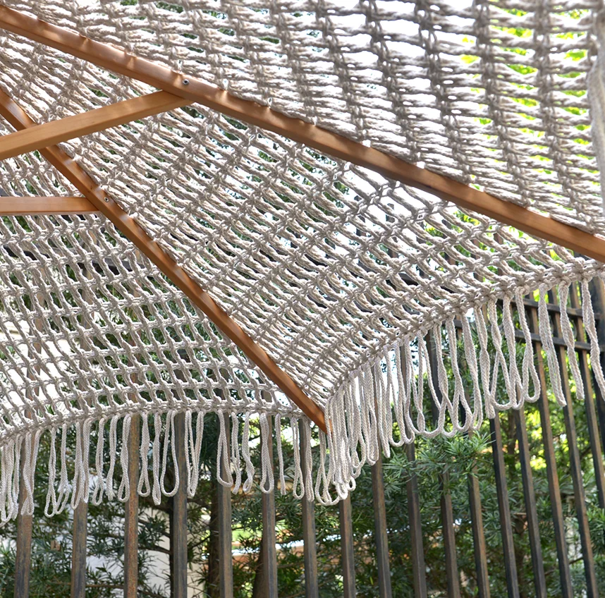 Wholesale Cotton Crochet Outdoor Large Beach Macrame Parasols with Fringes, Home Boho Decor Wooden Resort Patio Garden Umbrella