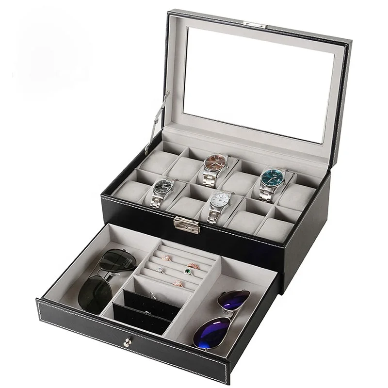 Woman Mens Watch and Drawer Jewelry Storage Box 12 Slots Watch Case High Quality Wholesale Lockable Leather