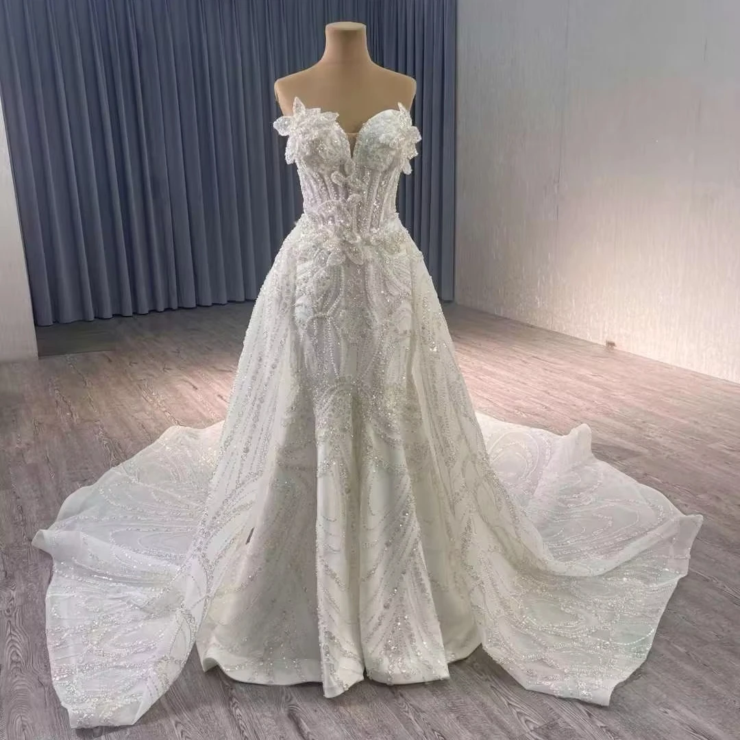 QUEENSGOWN luxury sweetheart sequin wedding dress gown heavybeaded 3D flower mermaid gown with detachable train wedding dresses