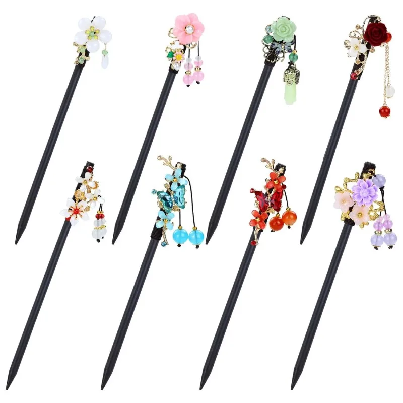 Retro Chinese Traditional Hanfu Butterfly Flower Wooden Hair Sticks Pins with Bead Pendants Hair Chopsticks for Women Girls