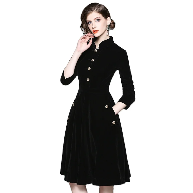 New velvet retro stand collar large swing skirt fashion elegant slim dress HL8858088