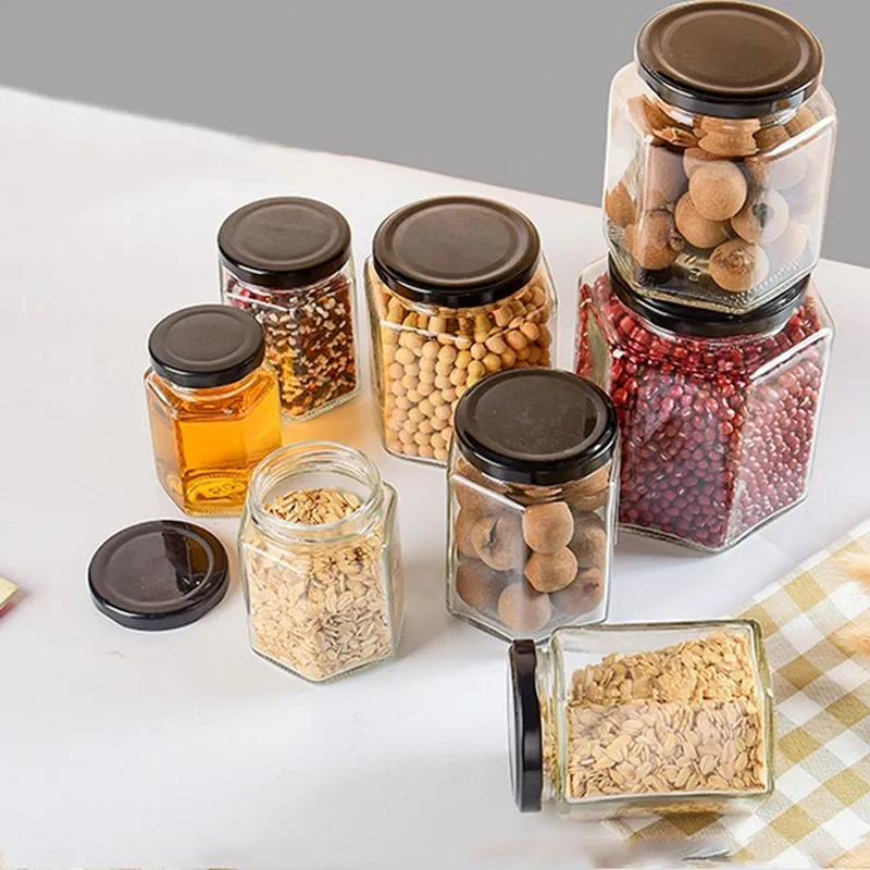 China Hexagon Square 100ml 200ml 250ml  Wide Mouth Glass Jar Canning Jars for Honey Jam Pickle Sauce with Metal Lid
