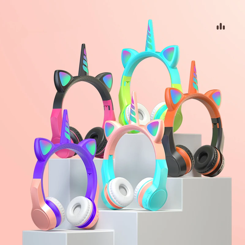 New Unicorn Wireless Kids Headset Cat Ears Cute Colorful Music Stereo Earphone Girl LED Light Headphones