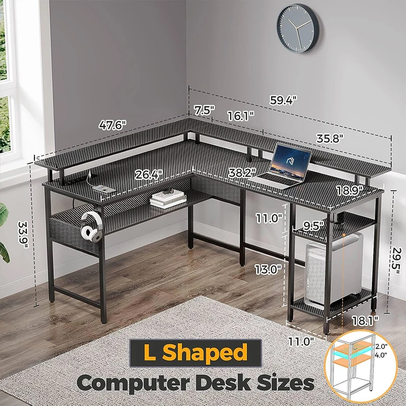 Carbon Fiber Surface Office Desk with Storage Computer Desk 59' with LED Lights and Power Outlets PC Gamer Gaming Table Desk