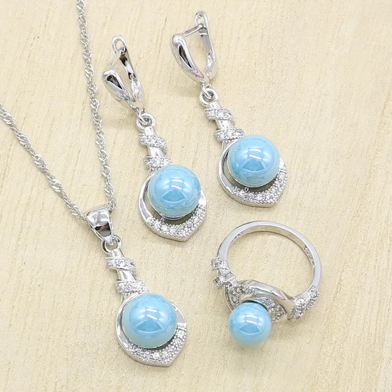 Blue Pearl silver jewelry Sets for Women pearl necklace set with Bracelet Pendant Earrings Ring Wedding Birthday Gift