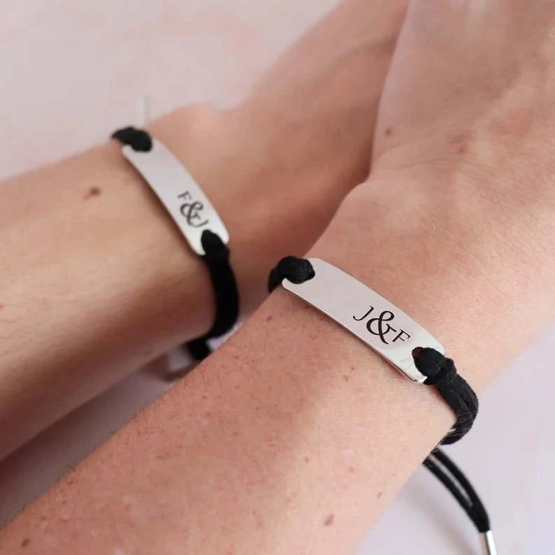 Fashion Stainless steel Jewelry Couples Cord Leather Bracelet Personalized Custom Text Name Friendship Bracelets For Lover