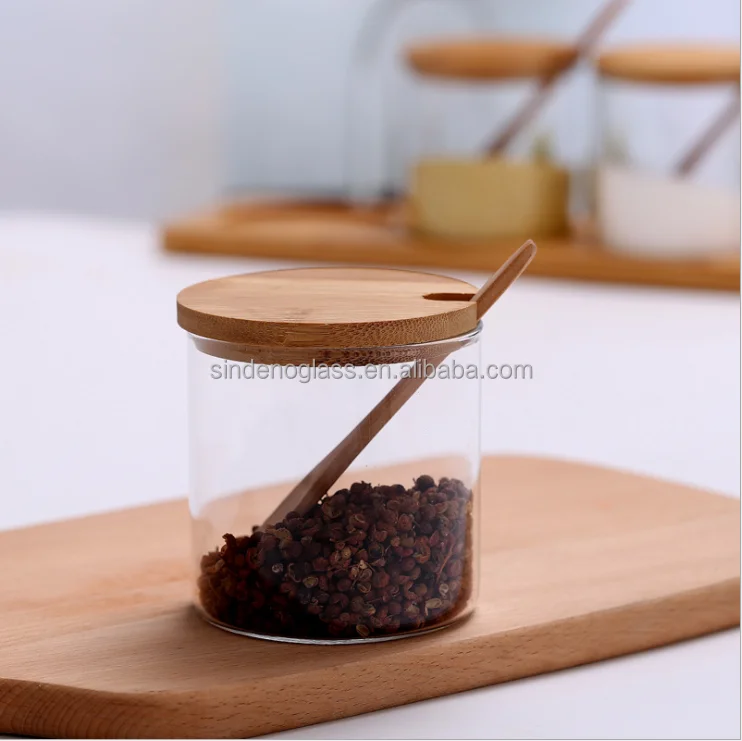Condiment Container Seasoning Box Pot 3pcs Spice Kitchen Glass Jar Set with Bamboo Spoon Lid and Base
