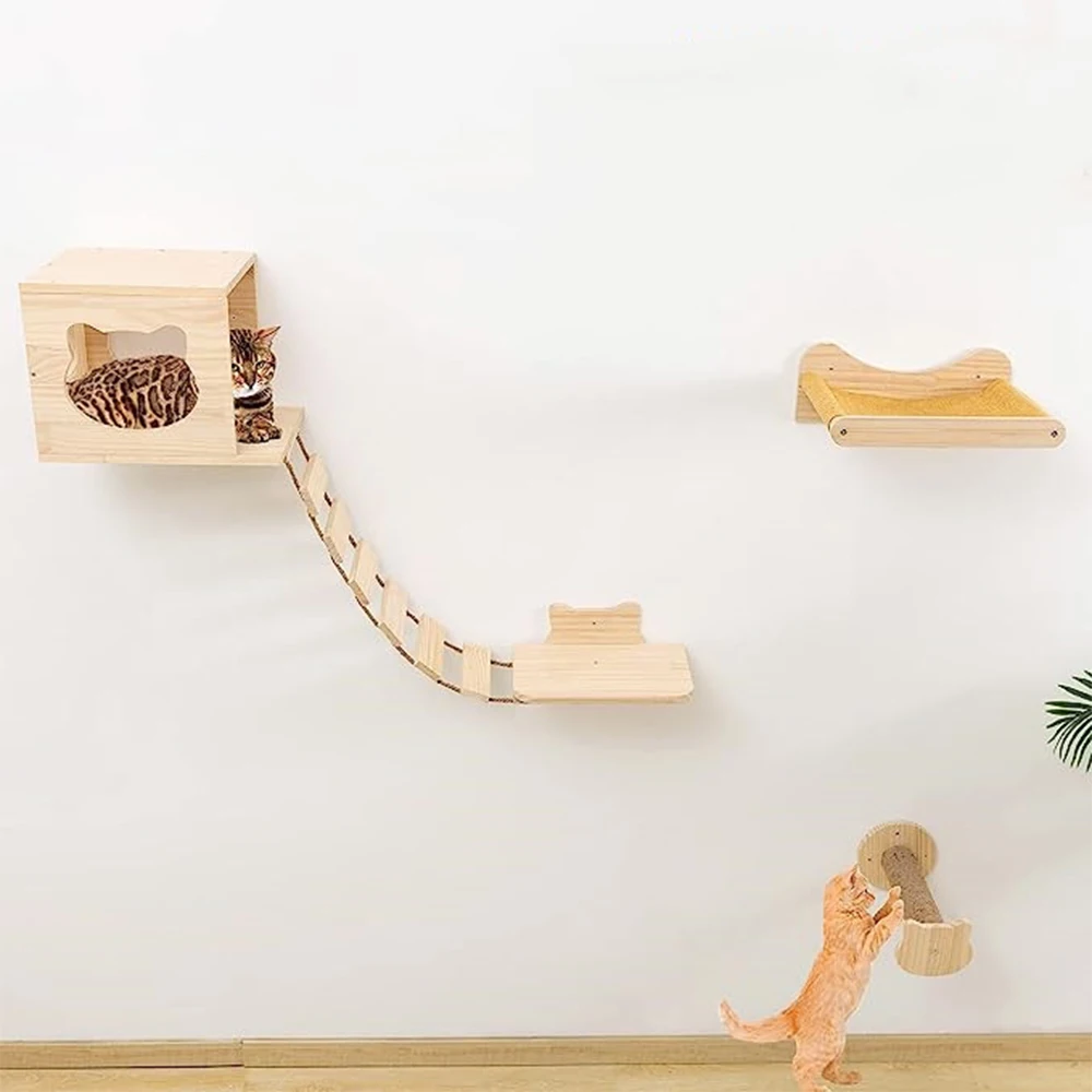Wall Mounted Cat Climb Track Shelves Multifunctional Cat Furniture Wooden Cat Wall Shelve With Bridge Ladder