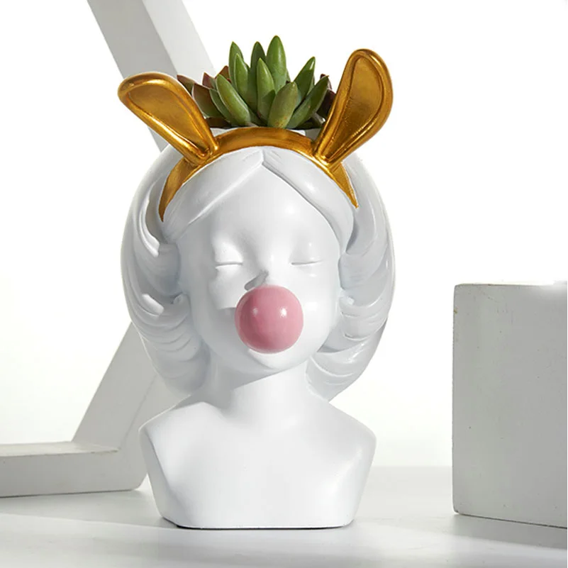 Nordic Style Resin Vase Cute Girl Bubble Gum Figurine Decorative Succulent Plant Flower Pot Modern Home Decor Pen Holder Small