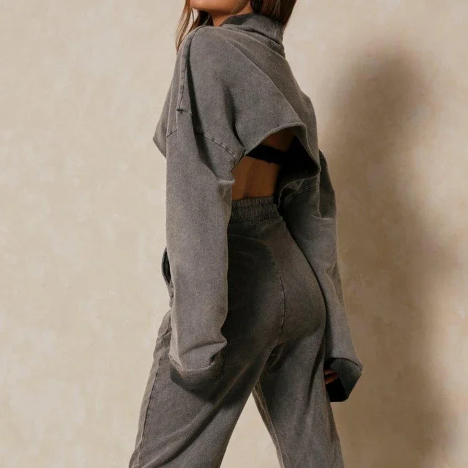 Custom Print Sweatsuits Acid Wash Flare Stacked  Set Two Piece Cut And Sew Cropped Hoodies Set Women Sweat Suits