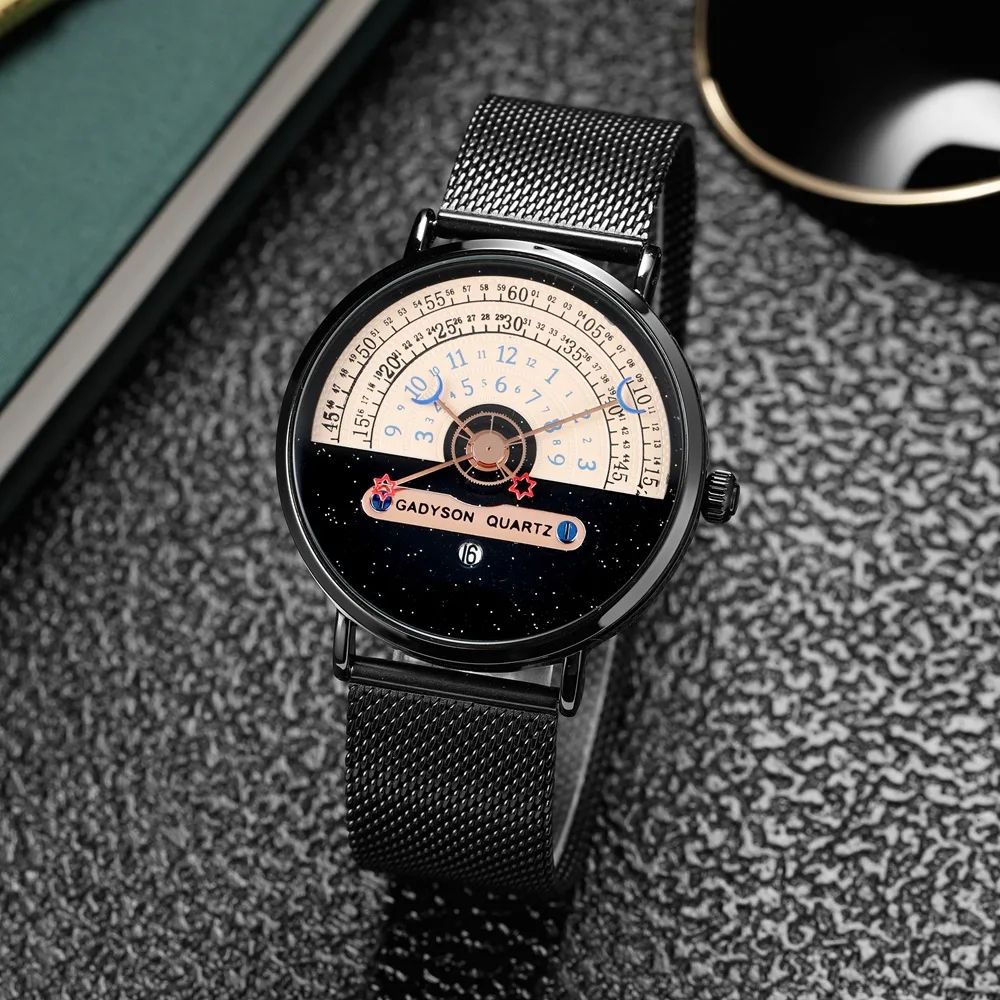 New Star and Moon Concept Black and White Men Quartz watch calendar half roulette time display Gold Date Mens Watches