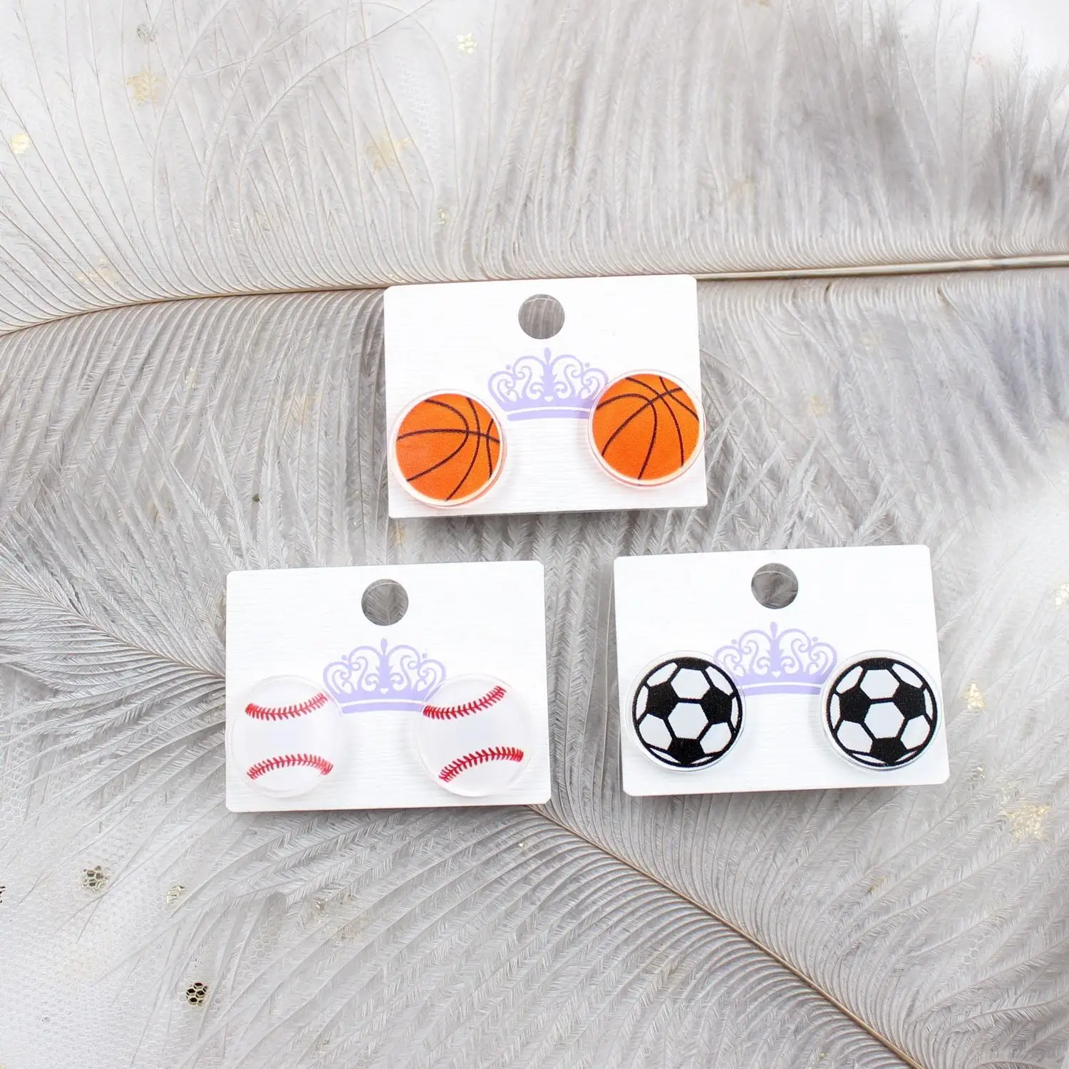 Handmade Sport Stud Earrings Clear Acrylic with UV Print Stainless Steel & Resin Soccer & Basketball Designs