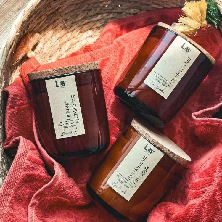 Empty Candle Vessel Luxury Frosted Matte Amber Glass Candle Jars Container With Bamboo Wood Cork Lid 8oz 10oz 14oz