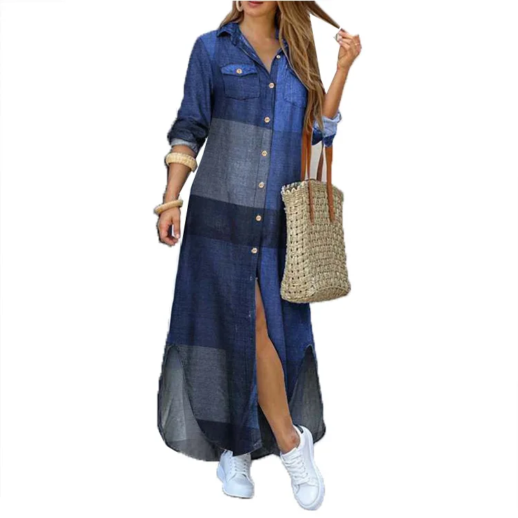Casual Button-front  V Neck Print Single-breasted Printed Split Long Sleeve Loose Shirt Women Maxi Dress Dresses