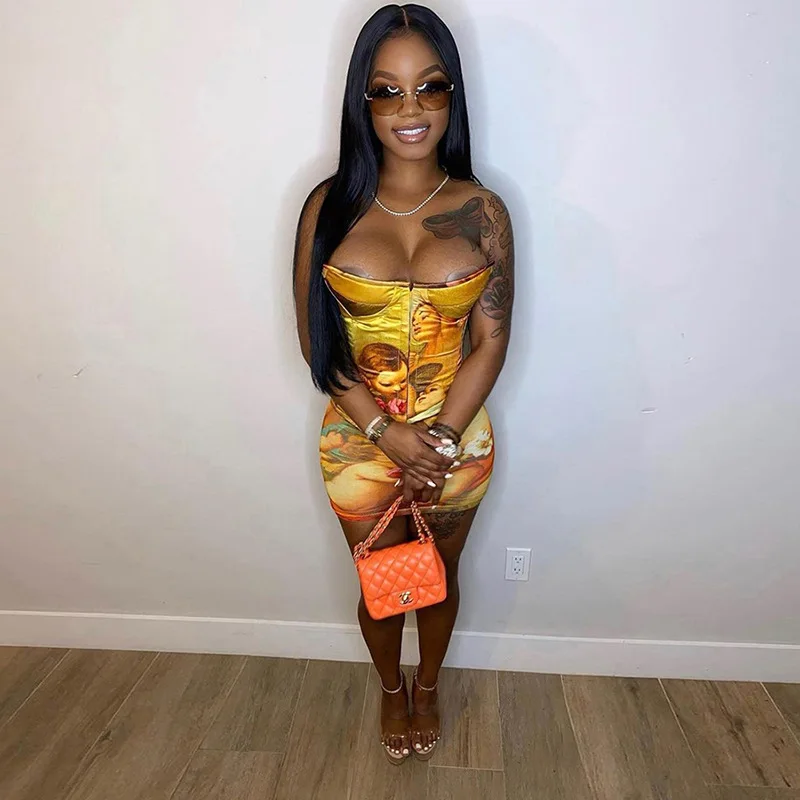 Wholesale 2021 new arrivals spring dresses women two piece off shoulder corset bodycon mini skirt set print dress